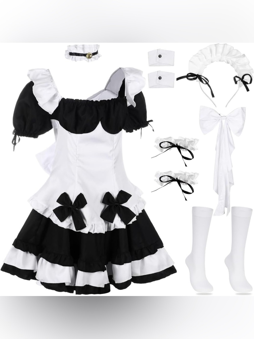 Complete Black & White Ruffle Cosplay Maid Anime Costume W/Accessories Size XL